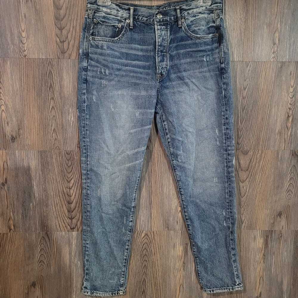 AE American Eagle High Rise Girlfriend Jeans 12 x 29 Button Fly Lightly Distress